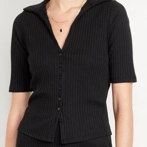 Black Ribbed Button-Front Polo Top